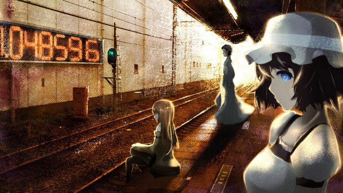 Kurisu Makise and Okabe Rintaro from Steins;Gate at a train station