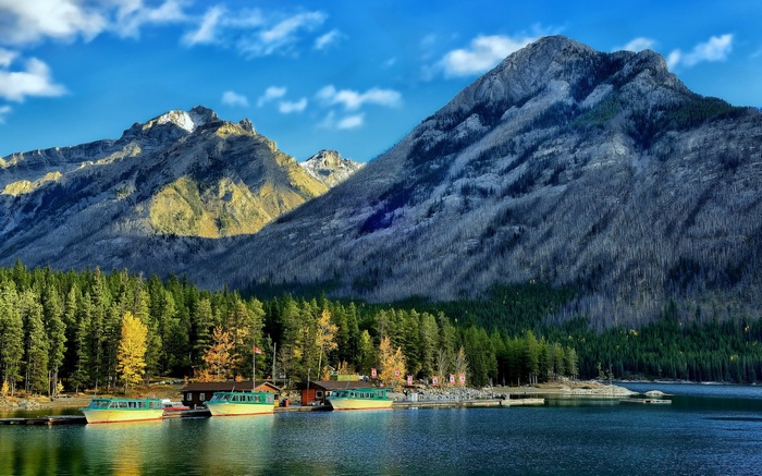 Boats docked by a lake with mountains and trees