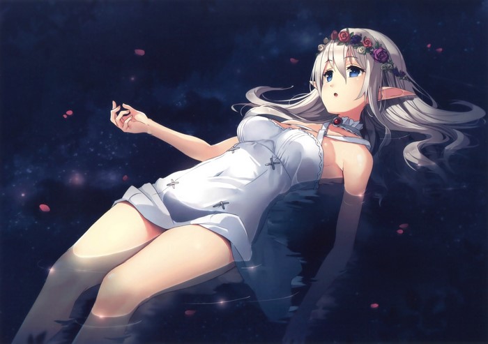 Anime elf girl with white dress in water