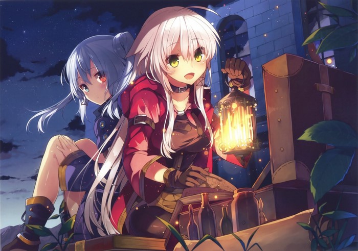Two anime girls with a lantern at night