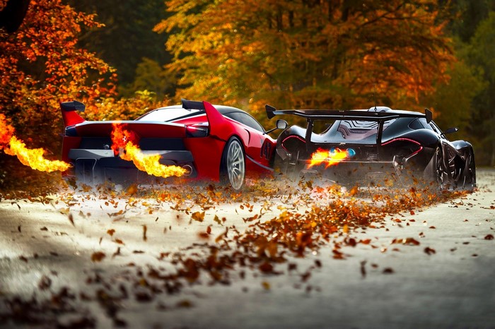 Red Ferrari FXX K and Black McLaren P1 racing with flames