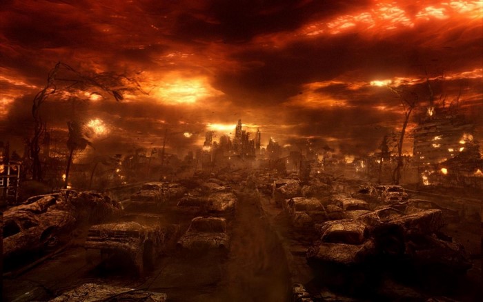 Post-apocalyptic city under a fiery sky