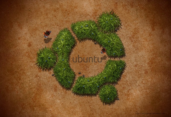 Ubuntu logo made of grass with butterflies and ants