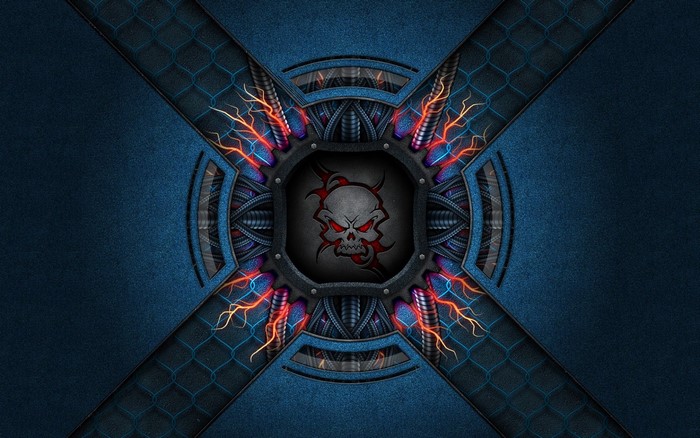 Abstract mechanical skull with blue background