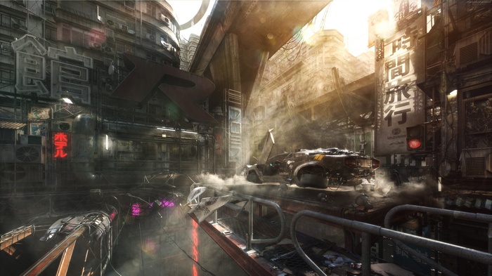Futuristic megapolis with hover car and neon signs