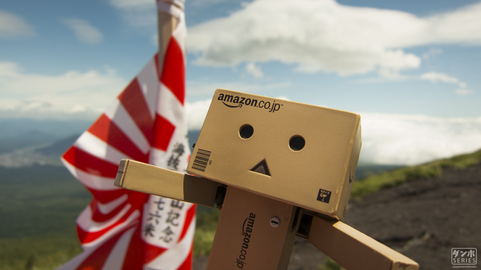 Danbo from Amazon.co.jp with Japanese flag on Mount Fuji