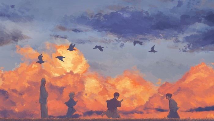 Anime characters from Gintama during sunset