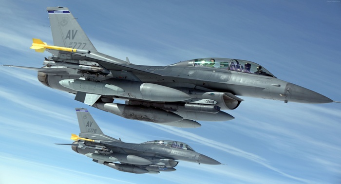 Two U.S. Air Force F-16 Fighting Falcon jets in flight