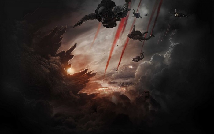 Godzilla-themed skydivers descending through clouds
