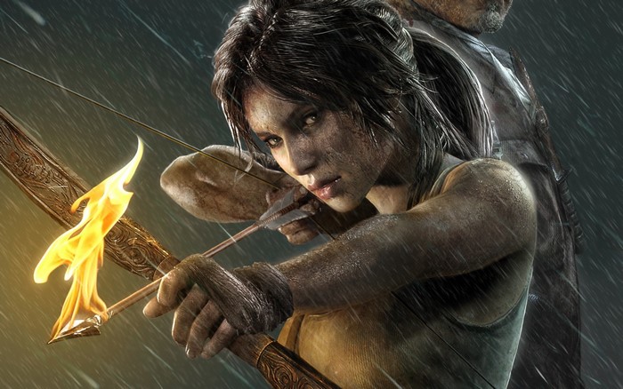 Lara Croft from Tomb Raider with flaming arrow