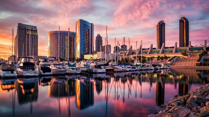 San Diego Harbor at Sunset with City Skyline and Boats