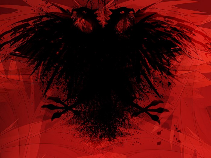Black double-headed eagle on red abstract background