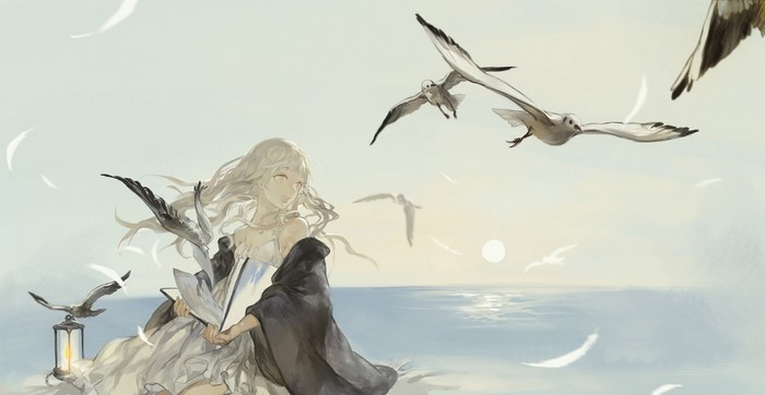 Anime girl with birds and a lantern by the sea