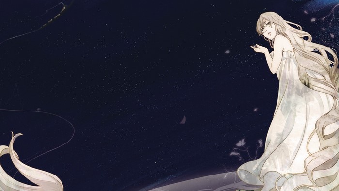 Anime girl in white dress blowing petals in starry night