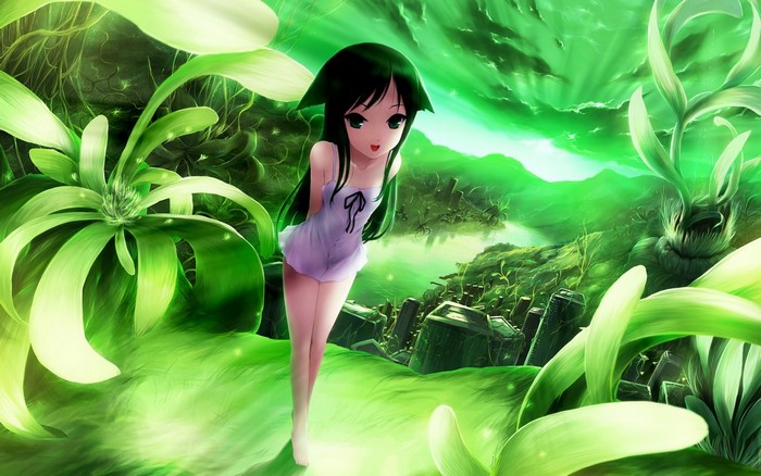 Girl in a white dress in a green fantasy forest