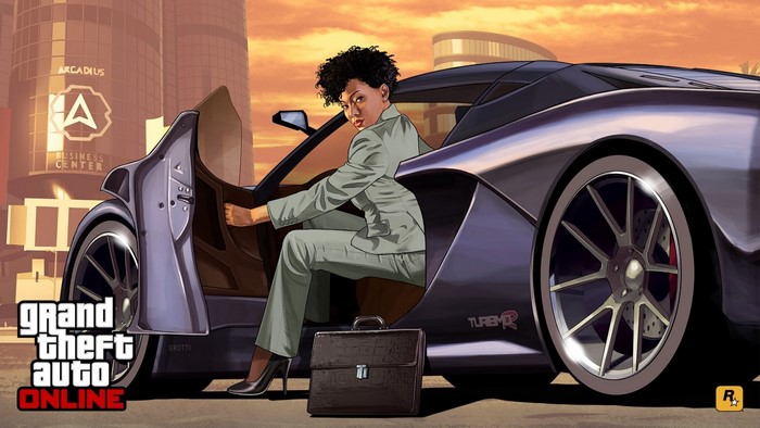 Woman in suit exiting a sports car in front of Arca