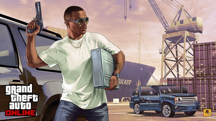 Franklin Clinton from Grand Theft Auto Online holding a briefcase