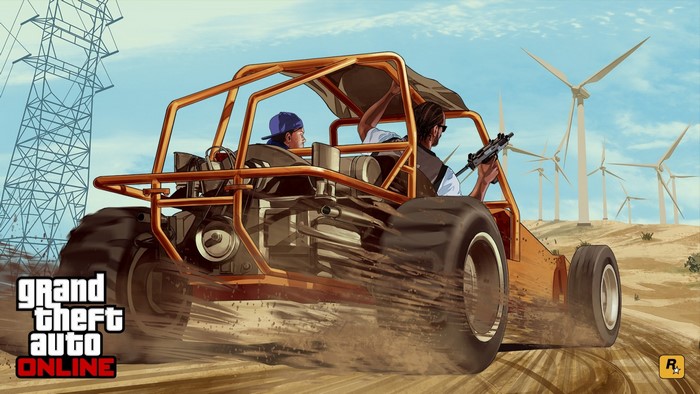 Grand Theft Auto Online: Dune Buggy in Desert with Wind Turbines
