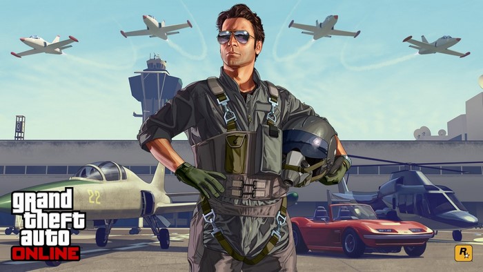 Grand Theft Auto Online pilot with aircraft and vehicles