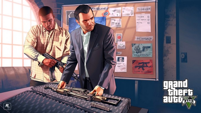 Michael and Franklin from Grand Theft Auto V with guns