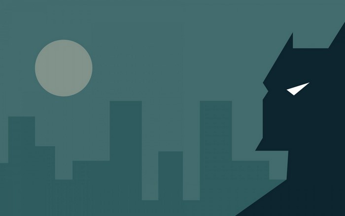 Minimalist Batman illustration with city skyline and moon