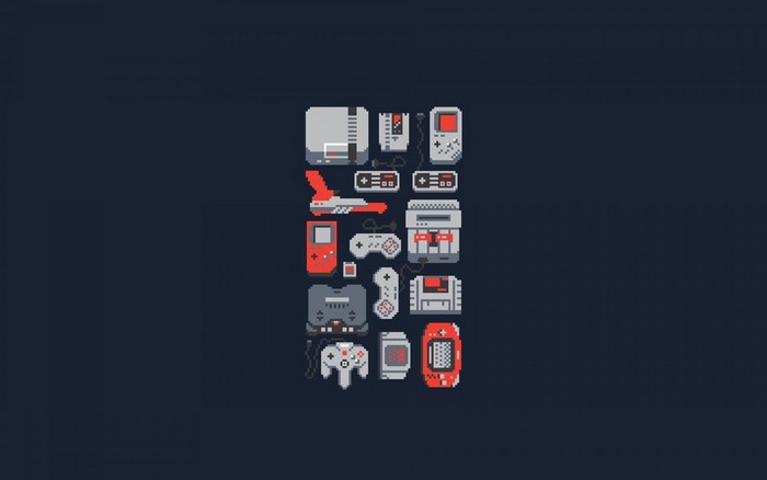 Pixel art collection of retro video game consoles and controllers