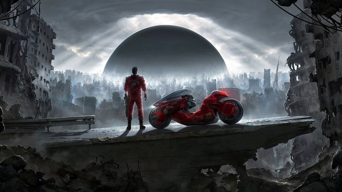 Kaneda and his motorcycle in a destroyed city from Akira
