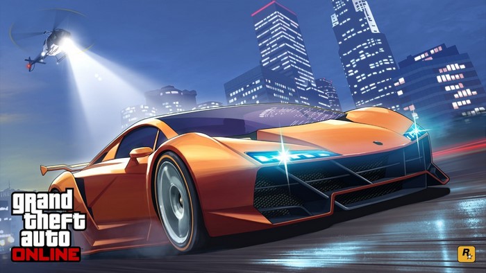 Orange sports car in Grand Theft Auto V Online with helicopter