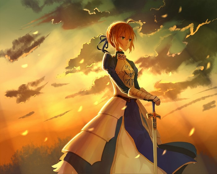 Saber from Fate Series holding a sword at sunset