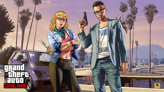 Grand Theft Auto V Online characters with gun and knife