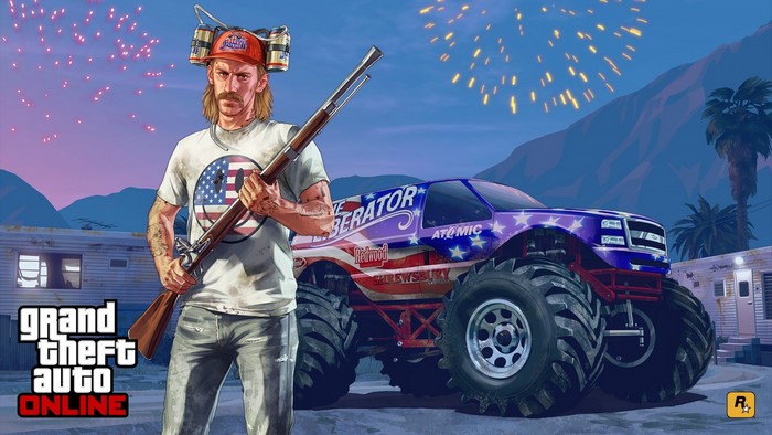 Man with gun and monster truck in Grand Theft Auto Online