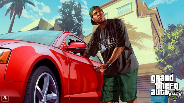 Franklin Clinton from Grand Theft Auto V near a red car