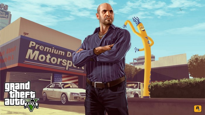 Man in front of Premium Dealership Motorsports in Grand Theft Auto V