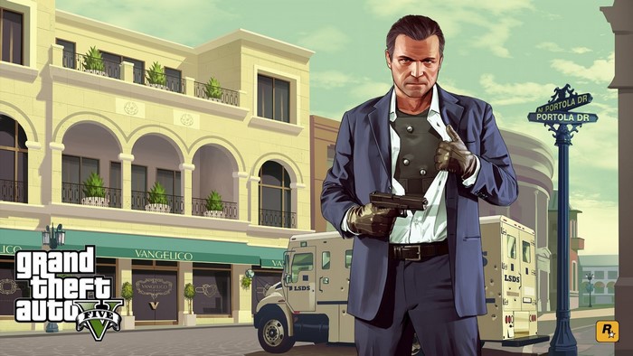 Michael De Santa from Grand Theft Auto V with an armored truck