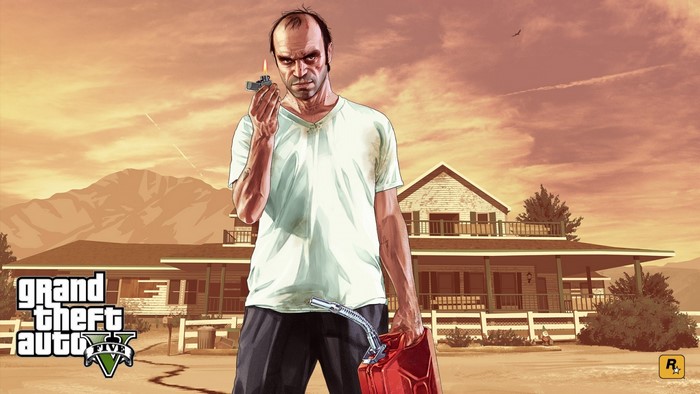 Trevor Philips from Grand Theft Auto V holding a gas can
