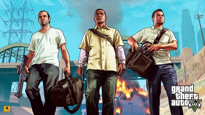 Grand Theft Auto V Characters with Burning Vehicle