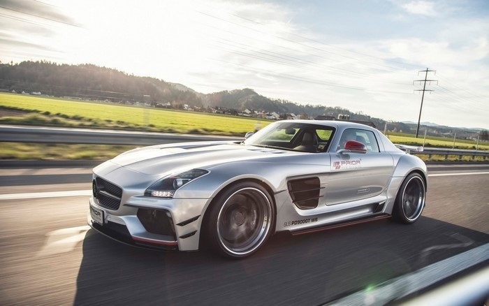 Silver Mercedes-Benz SLS AMG PD900GT by Prior Design on Road