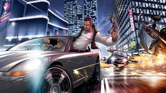 Niko Bellic from Grand Theft Auto IV in a car chase
