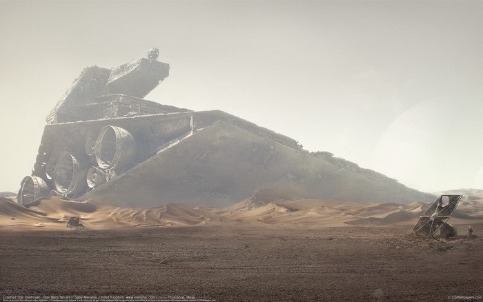 Crashed Star Destroyer in a desert landscape