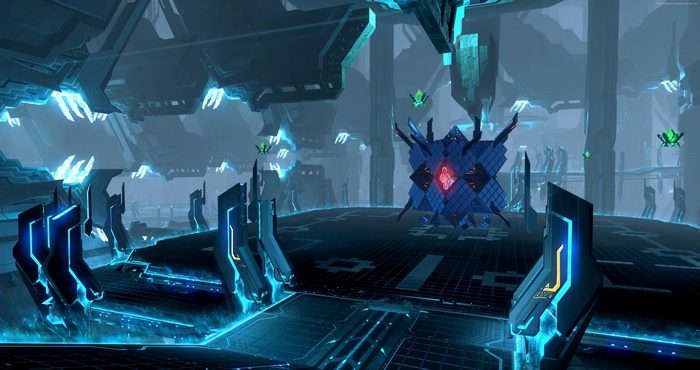 Sci-fi MMORPG environment with glowing structures