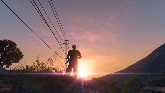 Man standing on a hill at sunset in Grand Theft Auto V
