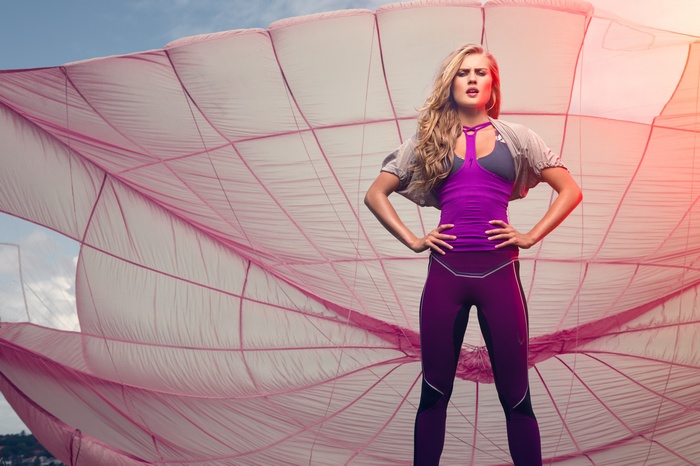 Amber Renae in athletic wear with parachute