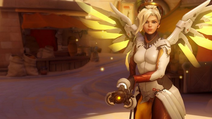 Mercy from Overwatch in a desert marketplace