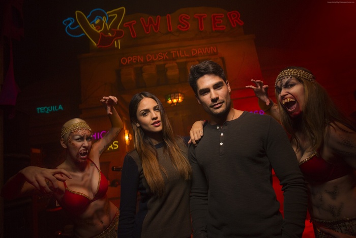 Eiza Gonzalez and DJ Cotrona with vampires at Twister