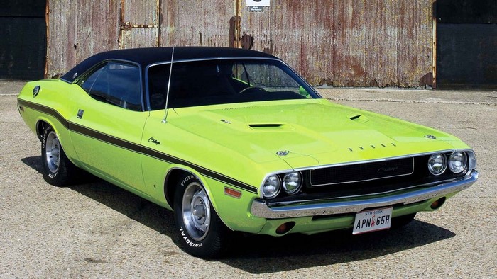 Lime Green Dodge Challenger with Black Vinyl Top