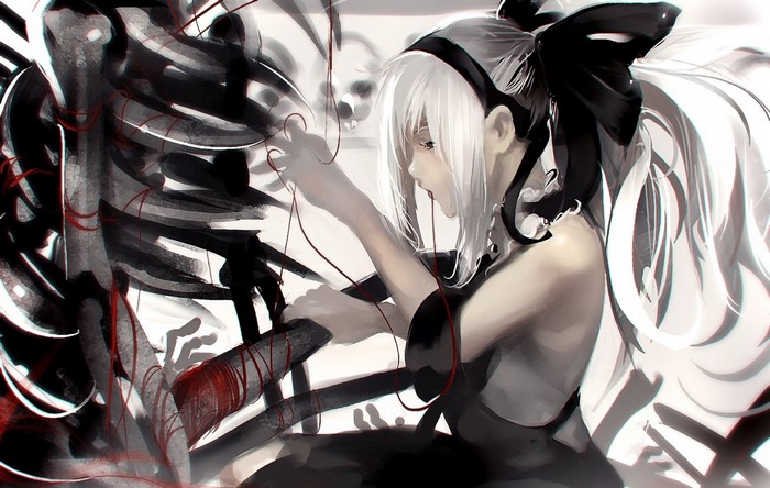 Anime girl with white hair and black dress near skeleton