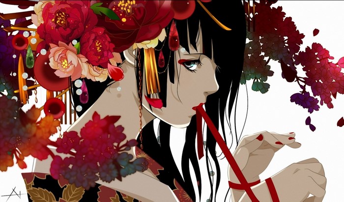 Anime girl with flowers and red ribbons