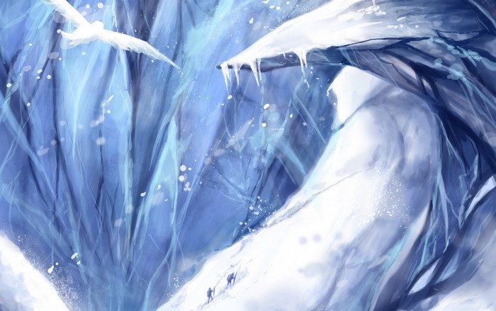 Fantasy art of a bird flying over an icy mountain landscape
