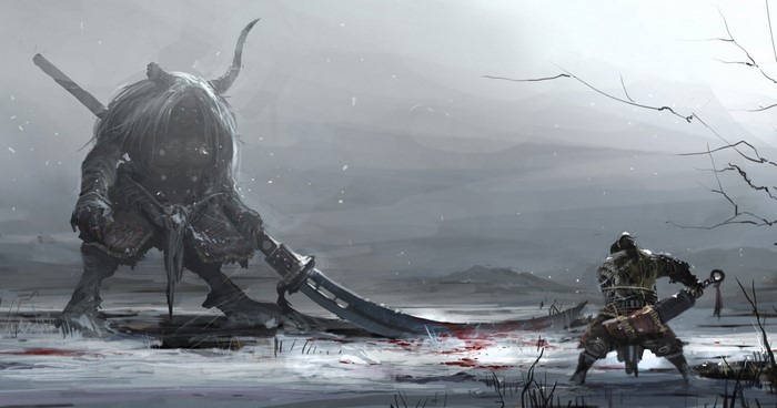 Giant horned warrior with sword fights a warrior in snow