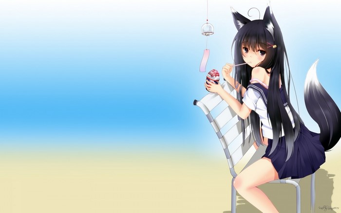 Anime fox girl eating dessert on a beach chair